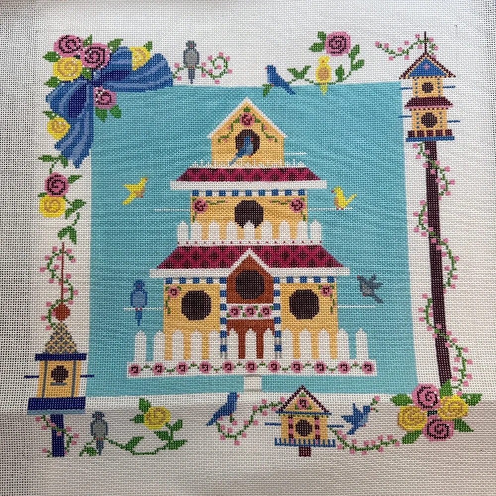 Vintage Shelly Tribbey Birdhouse Cottage Hand Painted Needlepoint Canvas 1990s